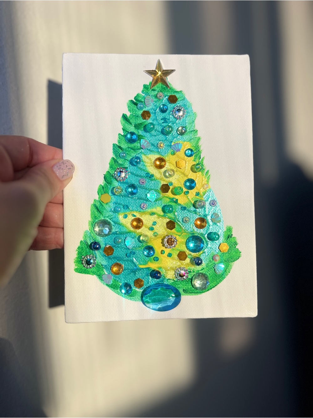 Embellished Green & Teal Holiday Tree Canvas Aqua & Gold Jeweled Christmas Tree - Picture 4 of 10